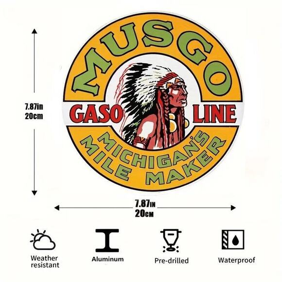 Metal Tin Sign • Petroliana • Musgo Gasoline Michigan • Indian Chief • 8"x8" - Picture 2 of 7